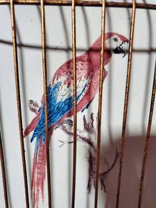 lot 12 image: Vintage Birdcage Wall Art Pair with Parrot Illustrations