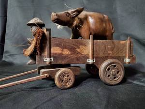 lot 50 image: Handcrafted Wooden Cart with Buffalo and Farmer Figurines