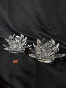lot 56 image: Set of Two Shannon Crystal Lotus Candle Holders by Godinger