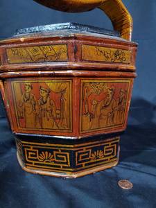 lot 64 image: Vintage Hand-Painted Wooden Basket with Lid