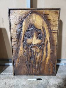 lot 87 image: Lot of Two Jesus Art Pieces - Print and Wood Carving