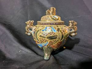 lot 124 image: Vintage Ceramic Incense Burner with Lid and Decorative Handles