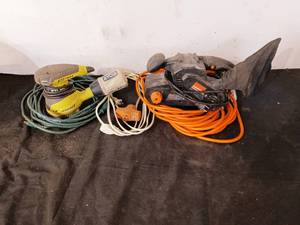 lot 40 image: Ryobi orbital sander,, Warrior belt sander and three extension cords