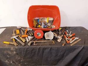 lot 55 image: Tote full of assorted hand tools and Hardware