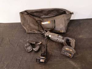 lot 57 image: Works 20 volt lithium-ion reciprocating saw and LED work light with one battery and charger tested work