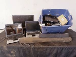 lot 65 image: Large lot of electronics, laptops, computer monitor, power cords, Sound Bars more