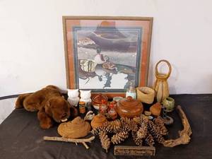 lot 82 image: Signed and numbered wood duck print (secrets) and assorted outdoor decor