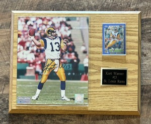 lot 249 image: Autographed #13 Kurt Warner Saint Louis Rams Football Plaque with Trading Card and Certificate of Authenticity