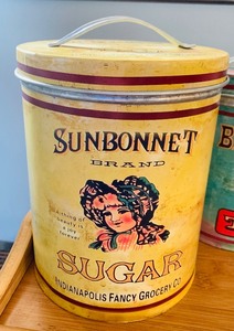 lot 268 image: Vintage Style Kitchen Stackable Storage Cans with Wood Serving Tray