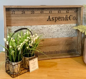 lot 184 image: Wonderful Home Decor with Wooden Tray, Small Wooden Storage Box and Faux Potted Plants