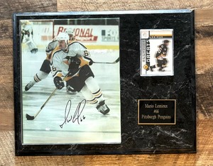 lot 374 image: #66 Mario Lemieux Pittsburg Penguins Hockey Autographed Print and Collectable Card Plaque with Certificate of Authenticity