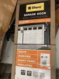 Clopay 8 ft. X 7 ft. Garage Door Good Construction 3 Layer Steel- Insulation White with Windows Short Panel and Insulated   Customer Returns See Pictures