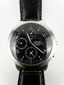 Mens Seiko Chronograph Black Strap &amp Dial silver tone base metal Quartz Analog watch. Not Working