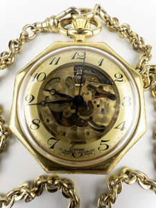 unisex Ermex  gold tone base metal Open Face Mechanical Pocket Watch with Chain. 17 Jewels. Incabloc. Winds.