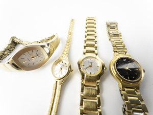 Ladys Group of 4 gold tone Quartz Analog Watches. New Batteries Installed. All working.