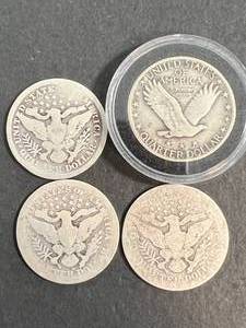 lot 10 image: 3 US BARBER QUARTERS AND 1 STANDING LIBERTY QUARTER IN AIRTITE
