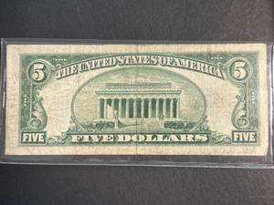 lot 87 image: 1934-B US BLUE SEAL $5 SILVER CERTIFICATE