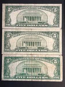 lot 88 image: GROUP OF 3 US RED SEAL $5 BILLS