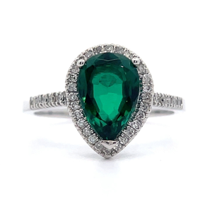 Vibrant Synthetic Emerald & 0.15 Carat Natural Diamond Pear-Shaped Halo Ring in 14k White Gold VIDEO