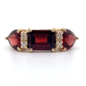 Vivacious East-West Three-Stone Garnet & Diamond Ring in 14k Yellow Gold VIDEO