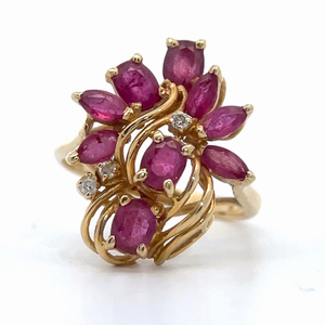 Vibrant Ruby & Diamond Cluster Flower Bouquet Ring in 14k Yellow Gold VIDEO