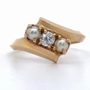 Diamond & White Mini Pearl Three-Stone Knife-Edge Bypass Ring in 14k Yellow Gold