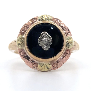 Round Vintage Onyx & Diamond Textured Flower Garden Ring in Tri-Color Gold