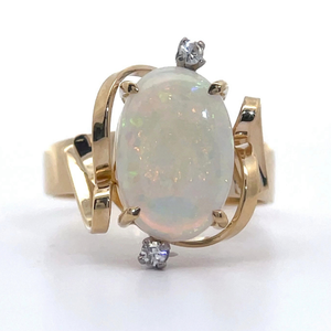 Glamorous Large White Opal & Diamond Scrolling Ribbon Vintage Ring in Yellow Gold VIDEO