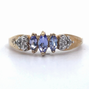 Tanzanite & Diamond Three-Stone Marquise Ring in Yellow Gold