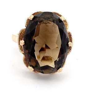 Large Statement Vintage Smoky Quartz Open Flower Petal Ring in Yellow Gold