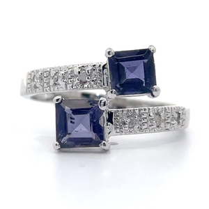Modern Two-Stone Iolite & Pave Diamond Bypass Cuff Ring in White Gold VIDEO