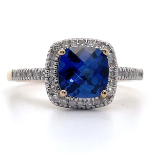 NEW 0.15 Carat Simulated Blue Sapphire Halo  Diamond Ring in Yellow Gold VIDEO