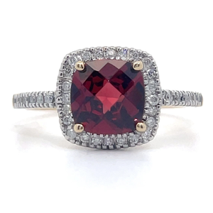 0.15 Carat Garnet & Diamond Pave Halo Ring in 14k Yellow Gold VIDEO