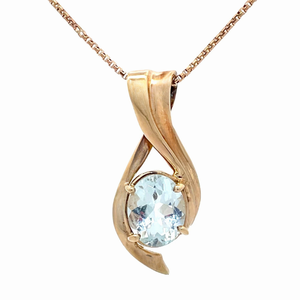 Oval Blue Topaz Solitaire Scalloped Ribbon Pendant Necklace in Yellow Gold