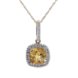 NEW 0.13 Carat Citrine & Diamond Halo Cushion Pendant Necklace in Yellow Gold