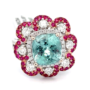Rare 5.22 Carat Natural Paraiba Tourmaline (GIA Report), Natural Diamond, and Natural Ruby Estate Ring in 18k Two Tone Gold $31,870 Appraisal Included VIDEO