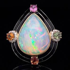 12.60 Carat Natural Opal, Natural Diamond, Natural Sapphire, and Enamel Estate Ring in 14k Yellow Gold $12,790 Appraisal Included VIDEO