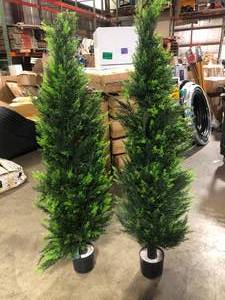 lot 46 image: CAPHAUS 5 ft. Green Artificial Cedar Tree, Natural Faux Plants for Outside Planter with Dried Moss, UV Resistant, Set of 2 Customer Returns See Pictures