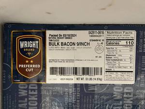 33lbs Bulk Bacon 9Inch Hickory Smoked Thin Sliced