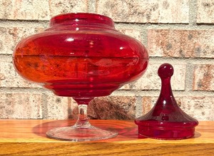 MCM Vintage Empoli Italian Glass 10.5 Ruby Red Footed Circus Tent Candy Jar