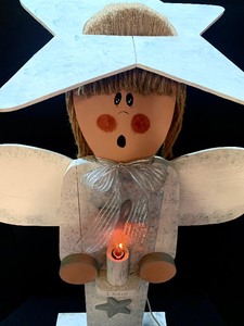 Tall Wood Angel with Light-Up Candlestick
