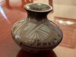 lot 21 image: Miniature Black on Black Pottery by Walker Lopez Corona  Lopez Black Pottery Vase