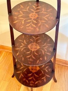 lot 11 image: Vintage Desert Marquetry Three Tiered Dessert  Muffin Cake Stand