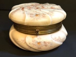 lot 6 image: Antique Wavecrest Hand Painted Floral Dresser Jar  Antique Mount Washington Helmschmeid Swirl Dresser Jar