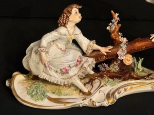 lot 47 image: Antique Porcelain Dresden Figurine Boy and Girl on Seesaw