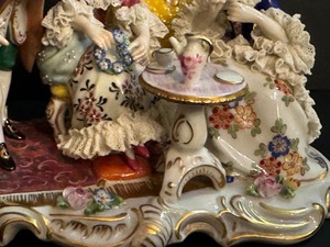 lot 28 image: Vintage Highly Detailed Volkstedt Dresden Porcelain Tea Party for Three Figurine