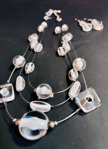 lot 109 image: Stunning Long Silver Multi Strand Layered Necklace White Frosted Bead and Matching Earrings