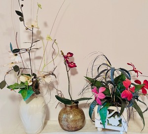 lot 102 image: Bright Beautiful Faux Flowers and Unique Vases