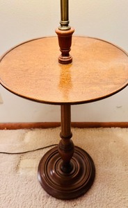 lot 79 image: Vintage Brass and Wood Floor Lamp with Cream Shade
