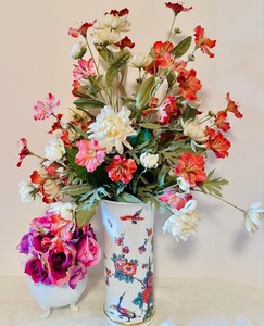 lot 90 image: Two Beautiful Vases with Faux Bright Pink, Purple Flowers by Saxony Vase Lenox